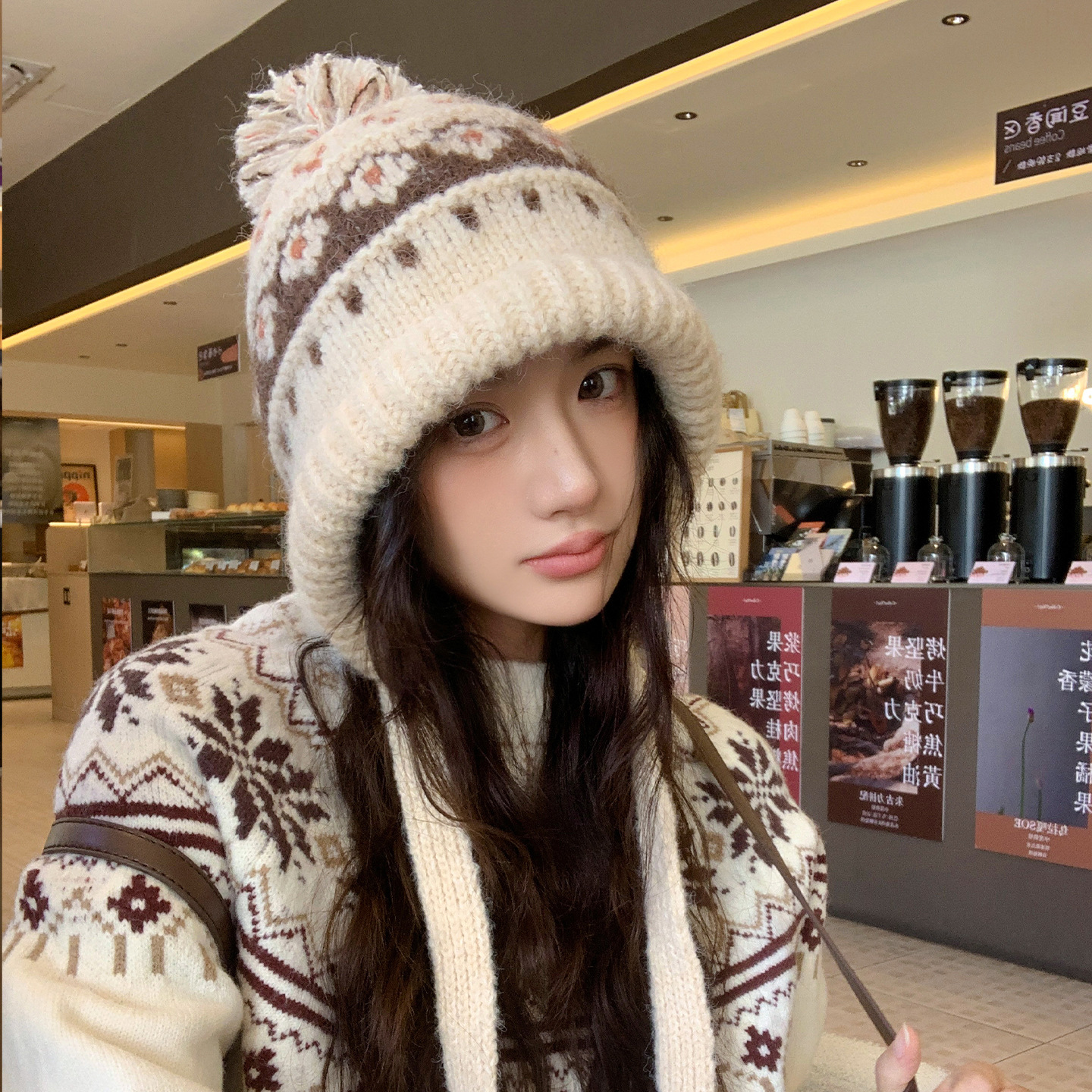 フェア島風毛糸帽子女子秋冬レトロ百合大頭囲保温ニット帽子顔小耳保護帽子