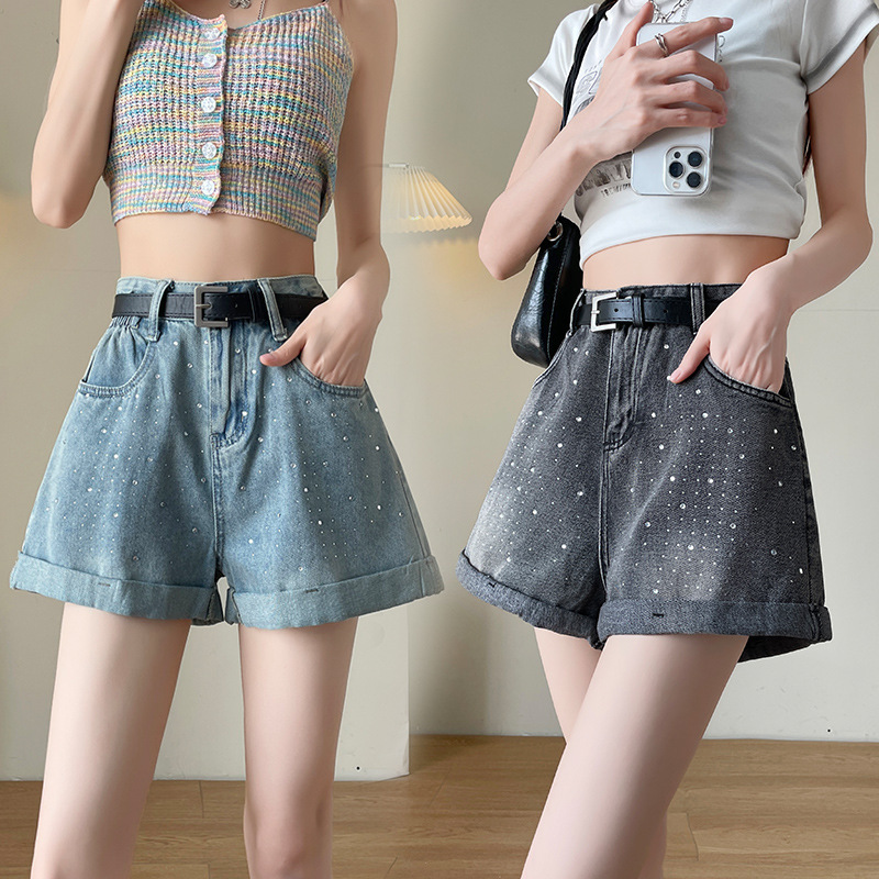 Hot Drilling Denim Shorts Women's Summer New Slimming Loose Wide Legs with Drills for Small Men Wear Heavy Industry Drills with Drills Hot Drilling Denim Shorts Women's Summer New Slimming Loose Wide Legs with Drills for Small Men Wear Heavy Industry Drills with Drills