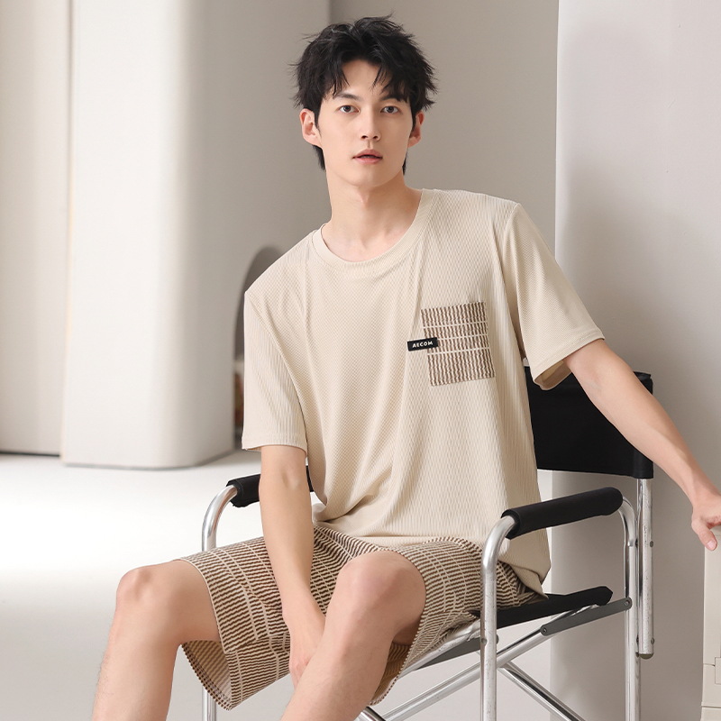 Shake sound explosions [pocket] new ice silk rib cotton pajamas men's summer short sleeve shorts rest