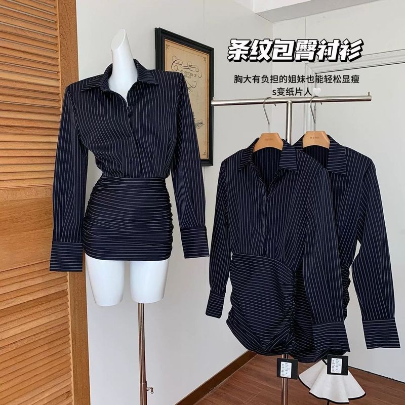 条纹长袖衬衫连衣裙女春季新款收腰修身显瘦复古包臀裙子香云纱|undefined