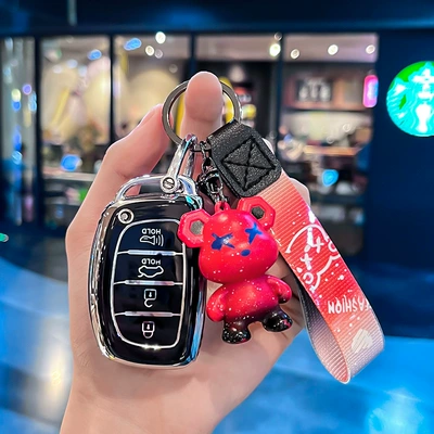 Cross-border hot sale suitable for silver Car key bag - modern-q-model-smart-4-button-speaker-single-shell-black-red-violent-bear-pendant