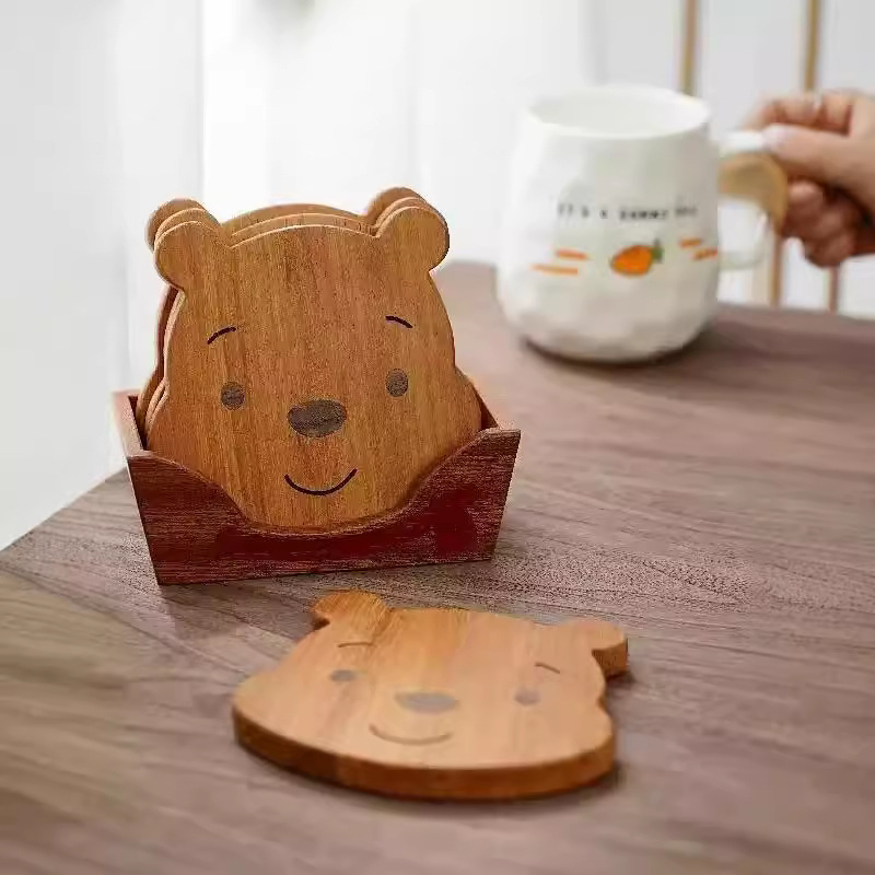 Caricatura oso adorable cojín de taza de café creativo de madera sólida hogar cojín de taza de agua platos cojín conjunto de cojín
