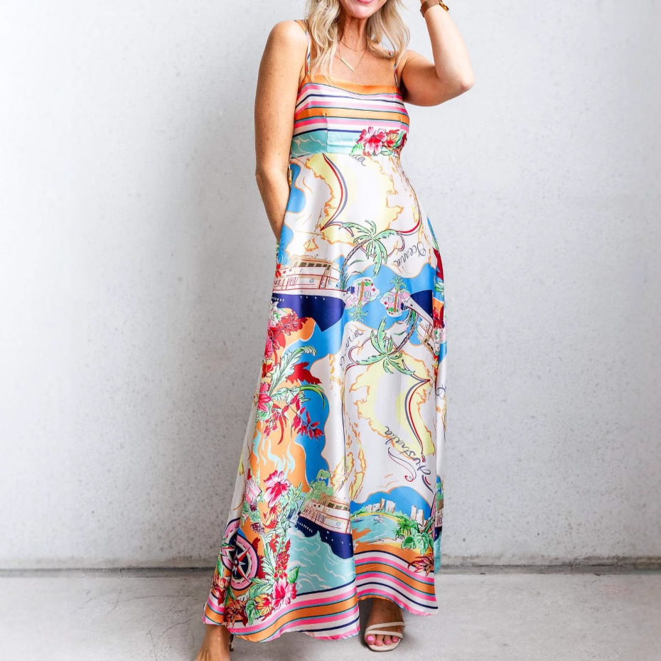in stock 25 Foreign Trade Summer European and American Style New Sexy Women's Clothing High Waist Printed Holiday Style Large Swing Sling dress
