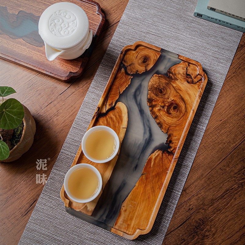 Bandeja de té de mesa de burbujas secas de tinta Zen Thuja japonesa transfronteriza, bandeja de madera, almohadilla aislante para el hogar, olla con resina simple retro