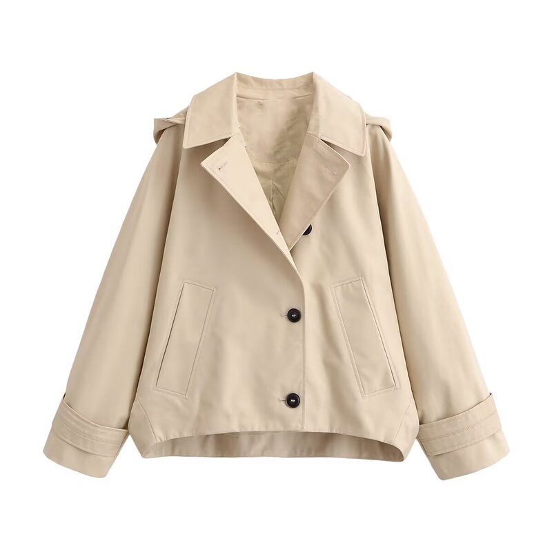Myst&Za 2026 Fashionable European and American Style New Cape-Style Short Trench Coat Jacket with Unique Buttoned Hooded Design Myst&Za 2026 Fashionable European and American Style New Cape-Style Short Trench Coat Jacket with Unique Buttoned Hooded Design