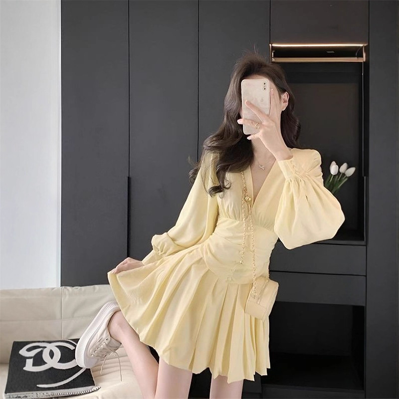College Style Solid Color Long-Sleeved Dress for Women Spring & Fall New French Little Black Dress Waist Chiffon Long Skirt College Style Solid Color Long-Sleeved Dress for Women Spring & Fall New French Little Black Dress Waist Chiffon Long Skirt