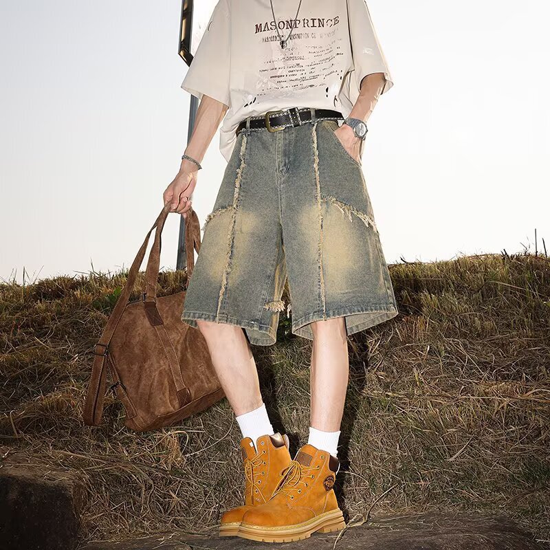 American Retro Frayed Tassel Patchwork Distressed Denim Shorts for Men 2026 Summer Trendy Brand Washed Loose Fit Five-Point Pants American Retro Frayed Tassel Patchwork Distressed Denim Shorts for Men 2026 Summer Trendy Brand Washed Loose Fit Five-Point Pants