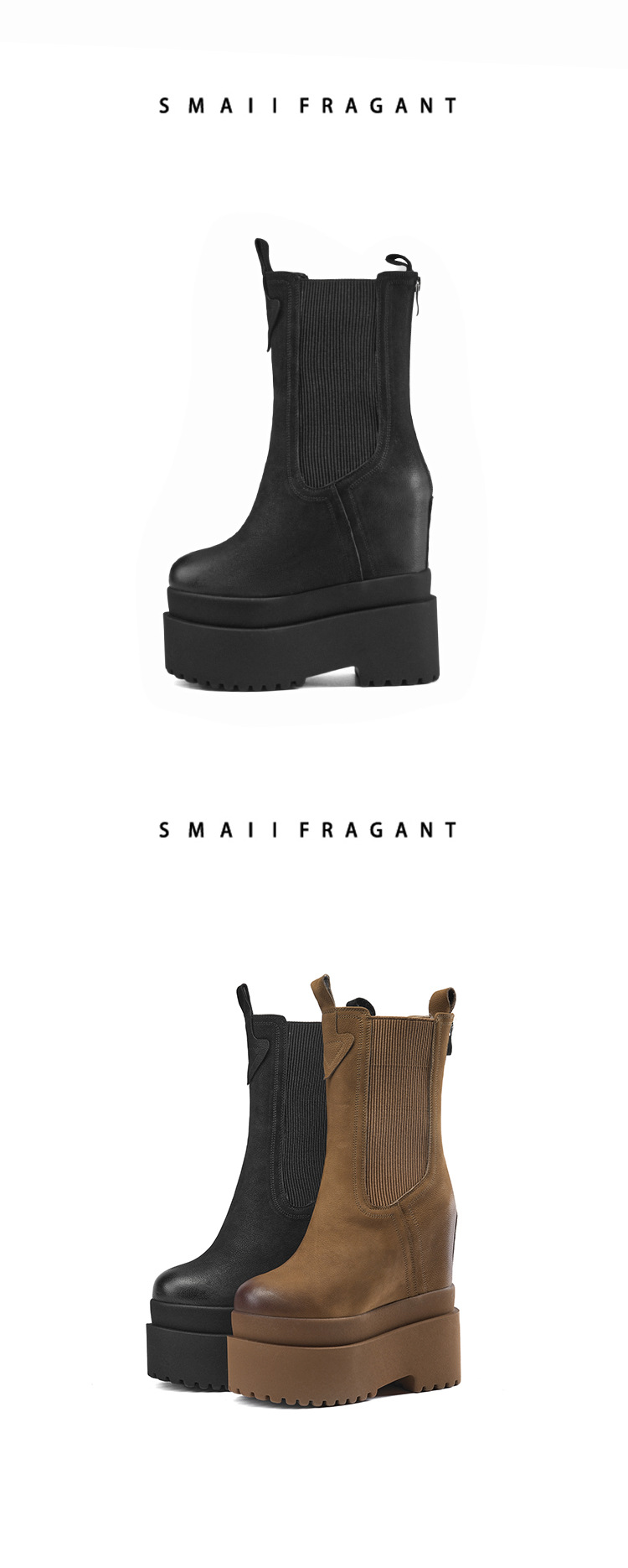 Boot Chelsea nữ cổ thun đế siêu cao 16cm da thật — Màu đen lót nhung chi tiết 8