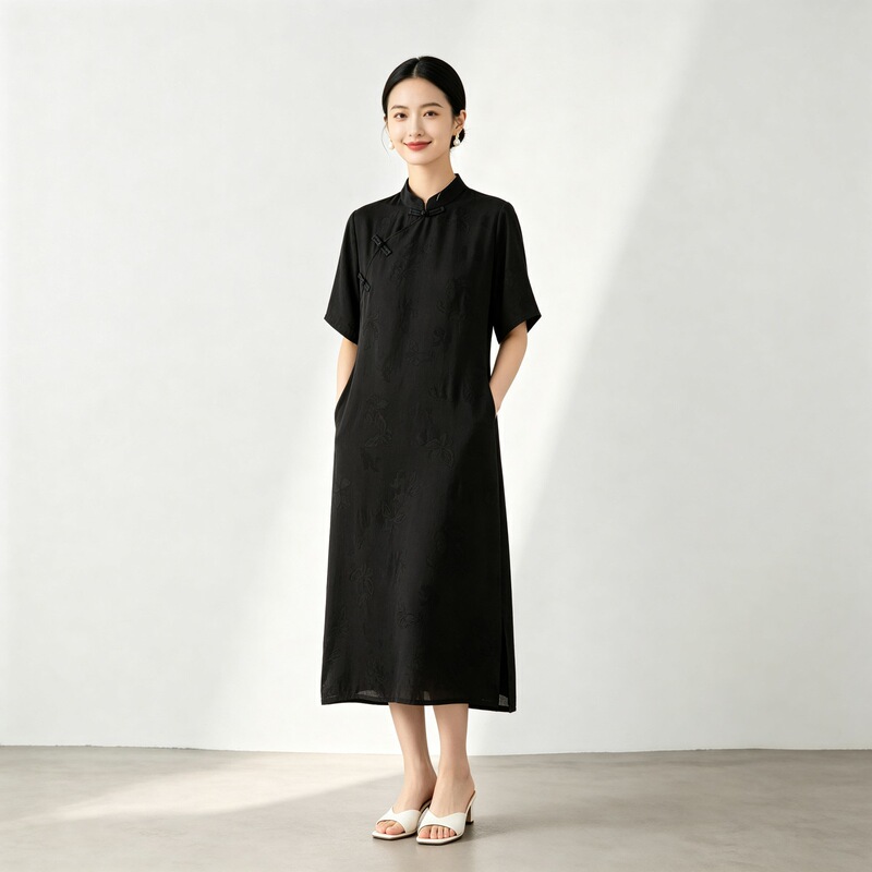 New Chinese-Style Black Tie-Dye Silk Xiangyunsha Full-Length Dress, Retro Loose-Fitting Slimming Cheongsam Dress