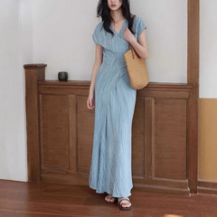 Jinyan 模造炒めテクスチャー半袖ドレス女性通勤エレガントなシンプルな気質スカート