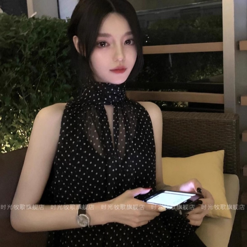 暮色微光系带挂脖无袖波点雪纺衬衫女法式御姐高级感气质宽松上衣