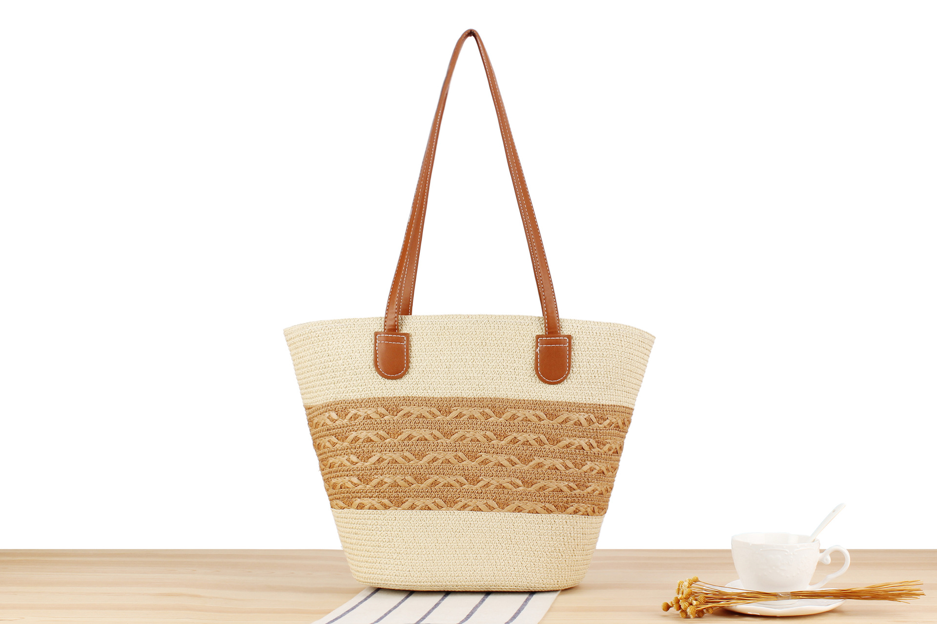1020g Weight Polyester Cotton Lining Material Weave Fashion Element Zipper Closure Type Double Shoulder Straps Strap Type Straw Bag Bags Type Casual, Travel Occasion Solid Color Pattern Spring&Summer Season Women's Gender Vacation, Beach Style Bucket Shape Large Size Women's Vacation Beach Solid Color Paper Shopping Bags 6