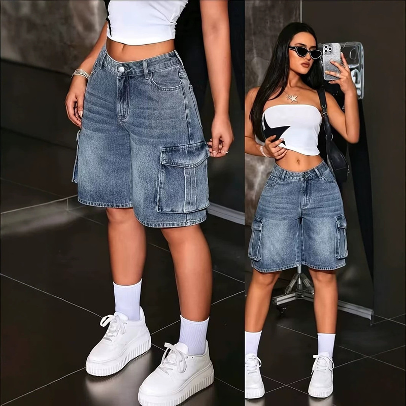 Cross-Border European and American Style Workwear Denim Shorts for Women, High-Waisted, Loose Fit, Washed, Multi-Pocket, Summer Versatile Straight-Leg Five-Point Pants Cross-Border European and American Style Workwear Denim Shorts for Women, High-Waisted, Loose Fit, Washed, Multi-Pocket, Summer Versatile Straight-Leg Five-Point Pants