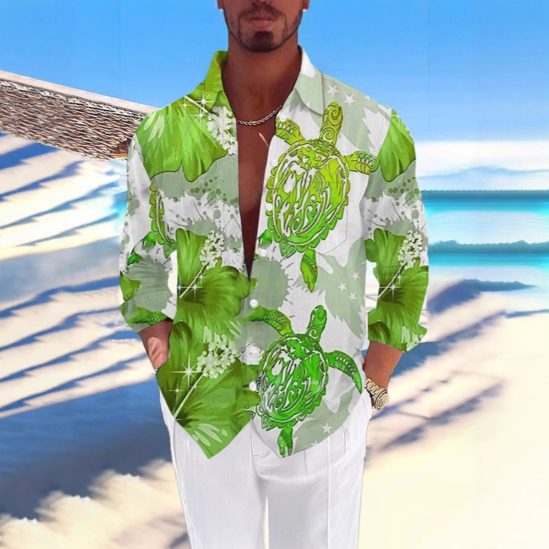 Aliexpress Export Men's Long-Sleeved Lapel Shirt Fashionable Loose Casual Autum 3D Printed Hawaiian Top