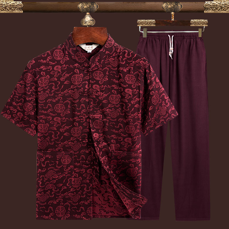 New summer Hanfu suit, stand-up collar Tang suit set for men, cotton jacquard Chinese style casual two-piece set.