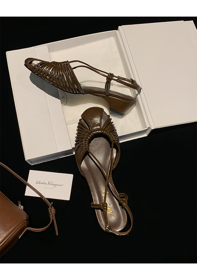 Sandal nữ quai mảnh buộc chéo gót trung bình phong cách Hàn Quốc — màu nâu chi tiết 28