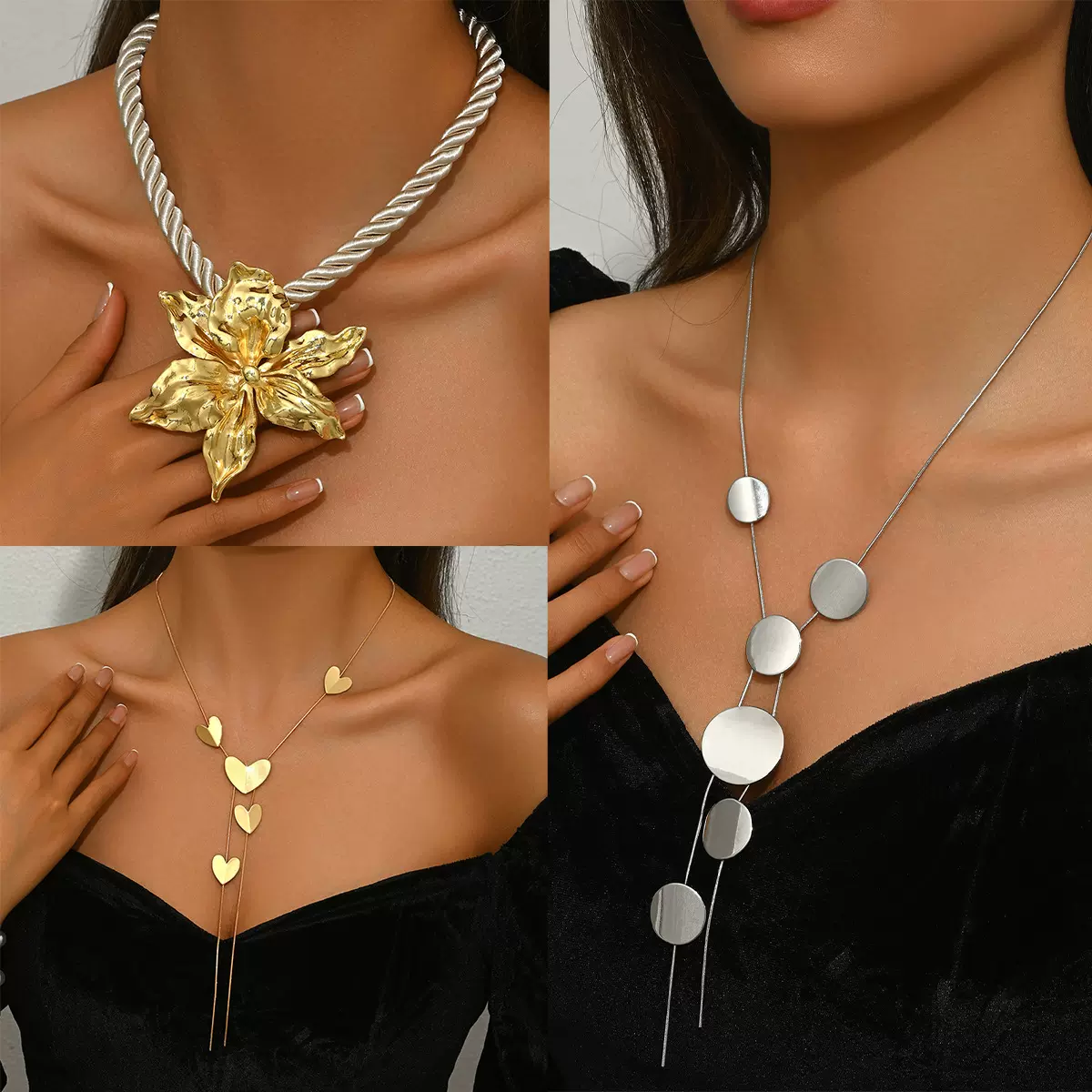 几何欧美风花卉爱心项链女小众心形圆片设计百搭高级感锁骨链项饰