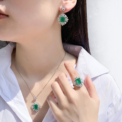 Zhuang Shengsheng Jewelry Foreign Trade Simulation Emerald Gemstone Retro Earrings Rings Pendant Gift Set 10*14 