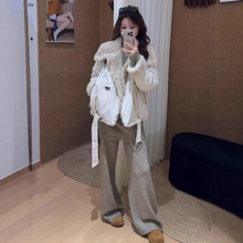 2025秋冬新款韩版毛绒大翻领派克短款外套气质针织衫屁帘裤子套装