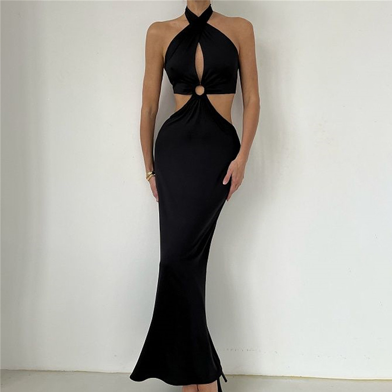 Europäisches und amerikanisches Sommerkleid, sexy Mode, Patchwork, Neckholder, offener Rücken, langer Rock_voghion.com