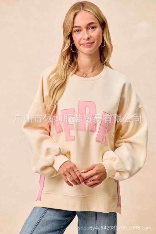 亚马逊25秋冬新款跨境欧美女装圣诞节蝴蝶结刺绣侧开衩套头卫衣女|undefined