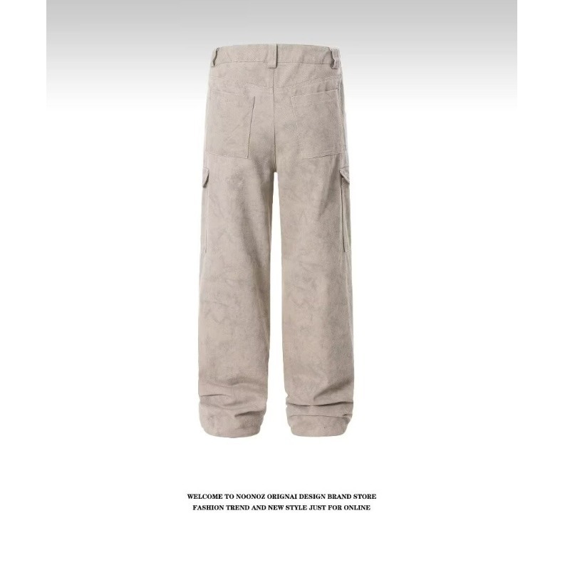 Outdoor Functional Style Solid Color Straight-Leg Jeans For Men Washed Vintage Wrinkled Feel Cargo Pants Design Sense_mkmklike.com