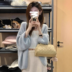 奶蓝色慵懒风马海毛毛衣外套女秋冬季高级感超好看的毛针织开衫
