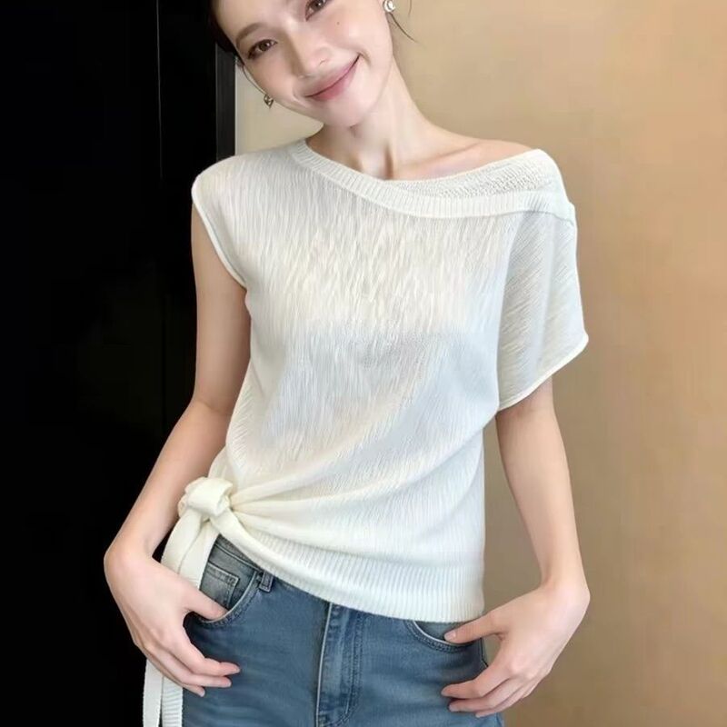 Korean Style Gentle and Elegant Design with Unique Hem Tie, Round Neck Short-Sleeved T-Shirt for Women, 2026 Summer Slimming T-Shirt for Women