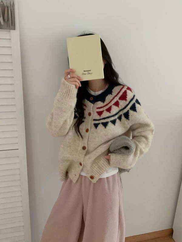 复古提花费尔岛圆领针织开衫女秋冬新款宽松慵懒软糯百搭毛衣外套|undefined