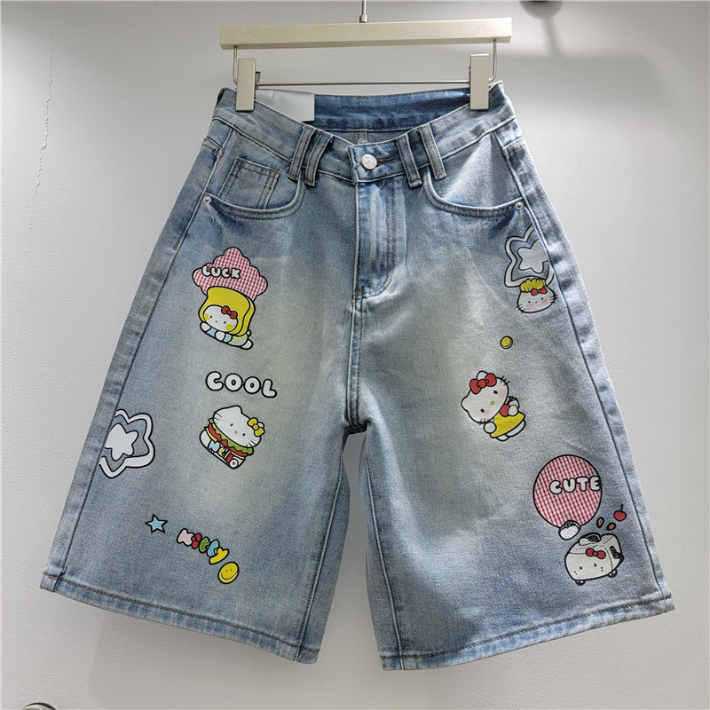 Pantalones Cortos Jeans de Pierna Ancha para Mujer de Denim, Estampado, Cintura Media, para Uso Diario image 1