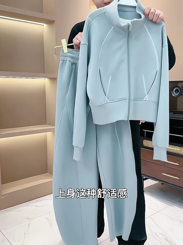 简约大方休闲运动套装女2025秋新款欧货蓝色外套上衣阔腿裤两件套|undefined