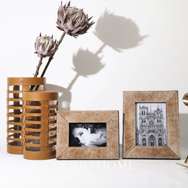 Modern light luxury imported brown horsehair photo frame decorative frame picture frame model room villa home soft decoration ornaments
