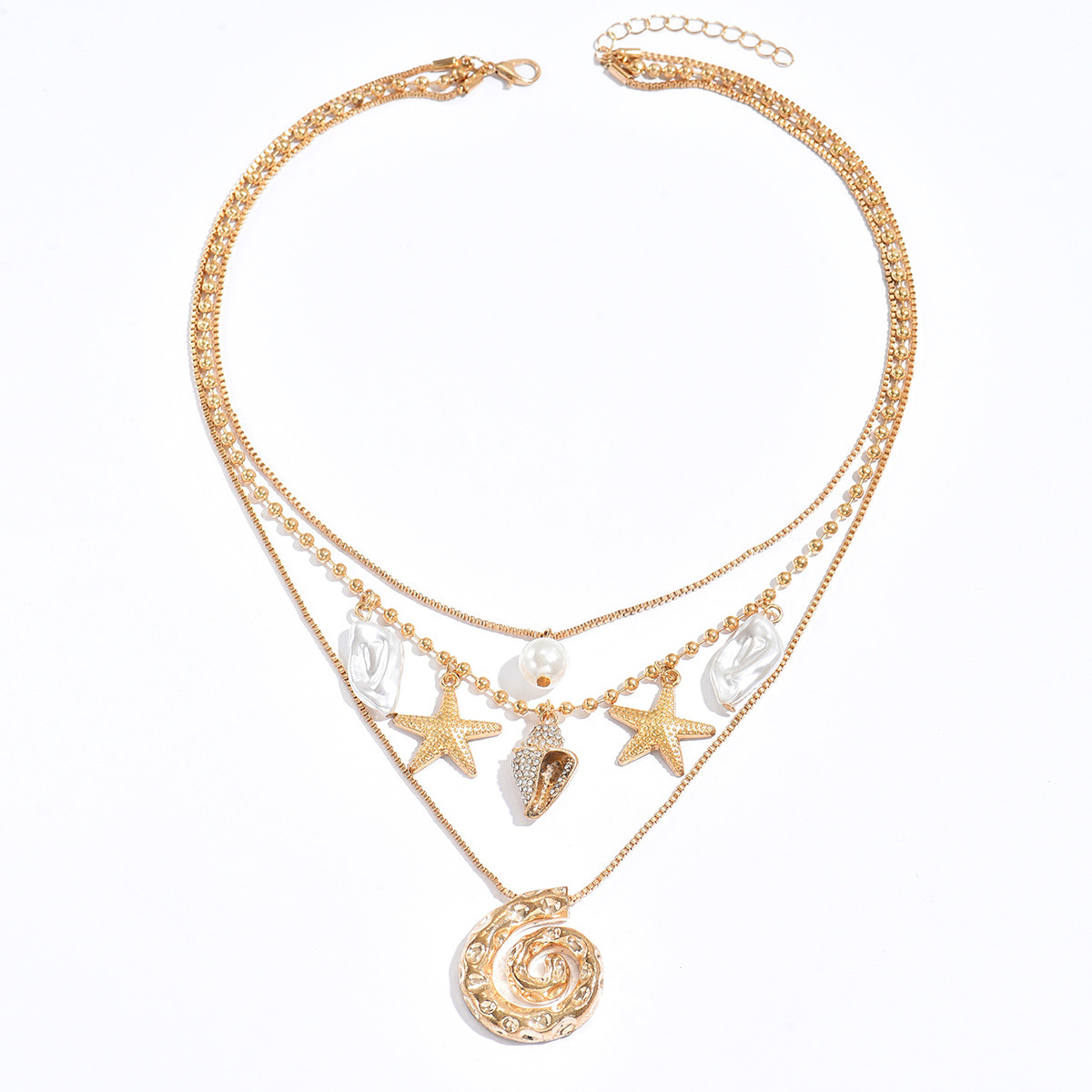 Layered Shell And Starfish Pendant Necklace For Beach Vacation_voghion.com