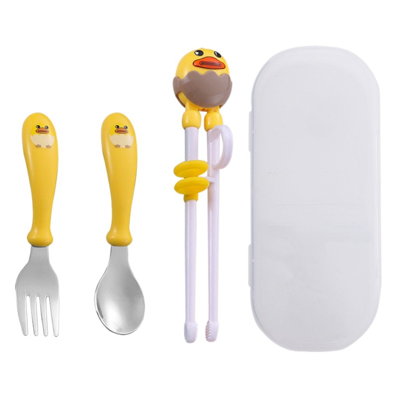 Nuevo 304 de acero inoxidable de dibujos animados para niños palillos de entrenamiento bebé lindo suplemento alimenticio cuchara tenedor portátil traje de tres piezas