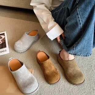 Thick-soled Suede Toe Half Slippers Women's Outwear 2025 Spring and Summer New Korean-style Bircan Shoes Height-increasing Sandals for Women