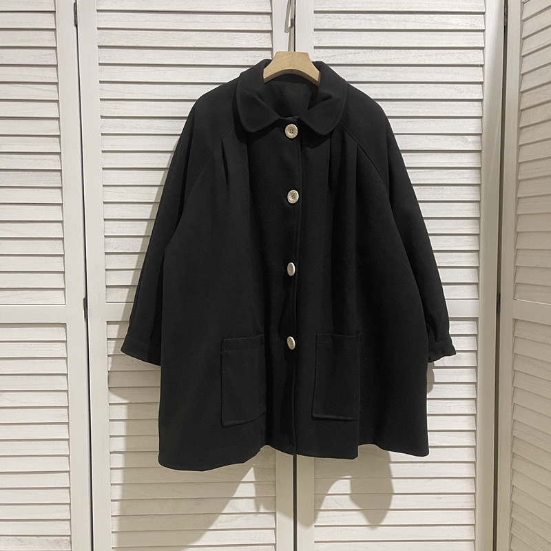 日系学院风减龄娃娃领插肩袖垂感中长款夹棉保暖毛呢大衣特价