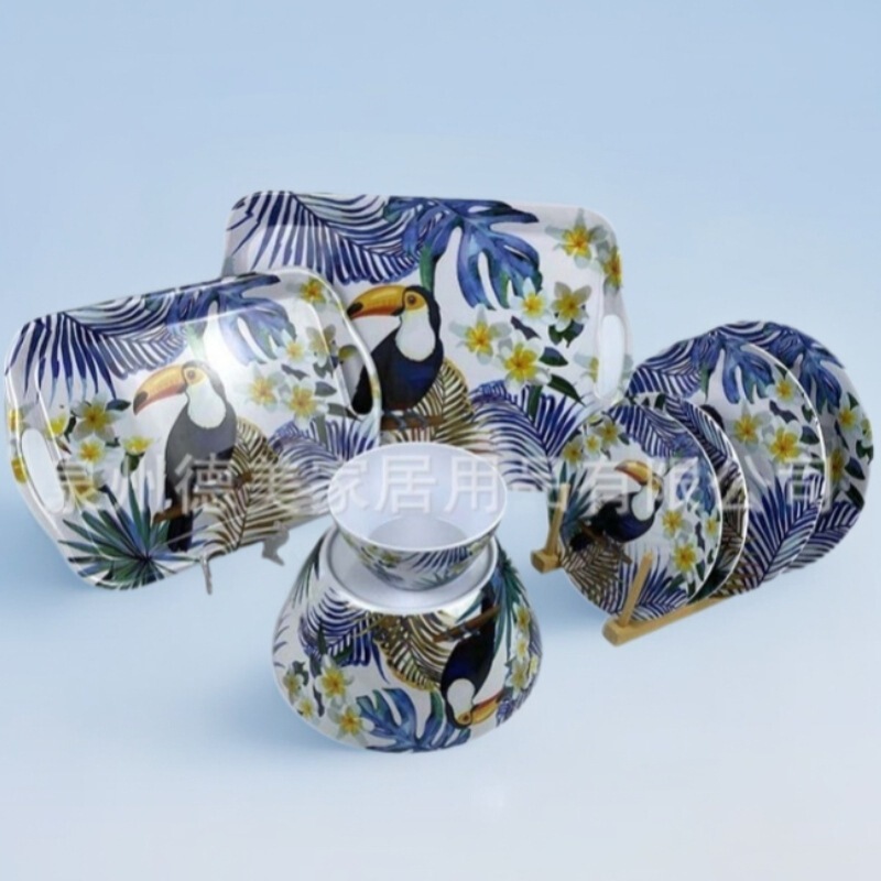 2025 Spring and Summer Series Melamine Tableware Set Big Mouth Bird Melamine Tray Salad Bowl Fruit Plate Fork Spoon