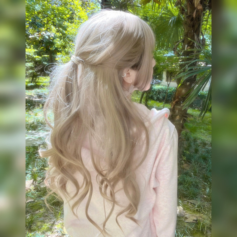 Star Cheng White Gold Wool Curled Wig Women's Long Hair Hong Kong Style Lolita Long Curled Hair Fluffy Water Ripple Full Head Set
