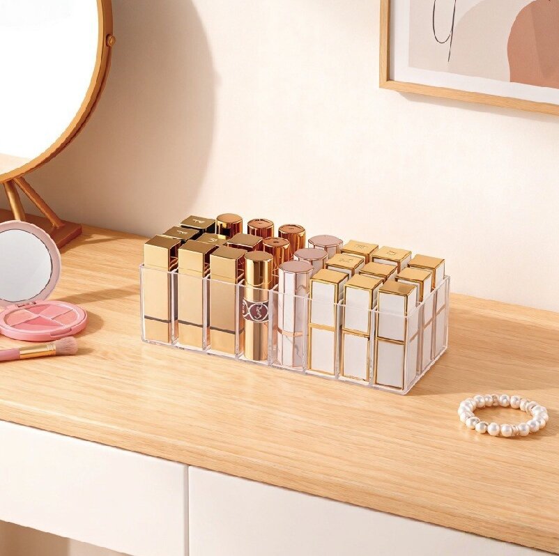 24-Compartment Lipstick Storage Box, Acrylic Transparent Makeup Brush and Eyebrow Pencil Display Stand, Desktop Lip Gloss and Perfume Organizer
