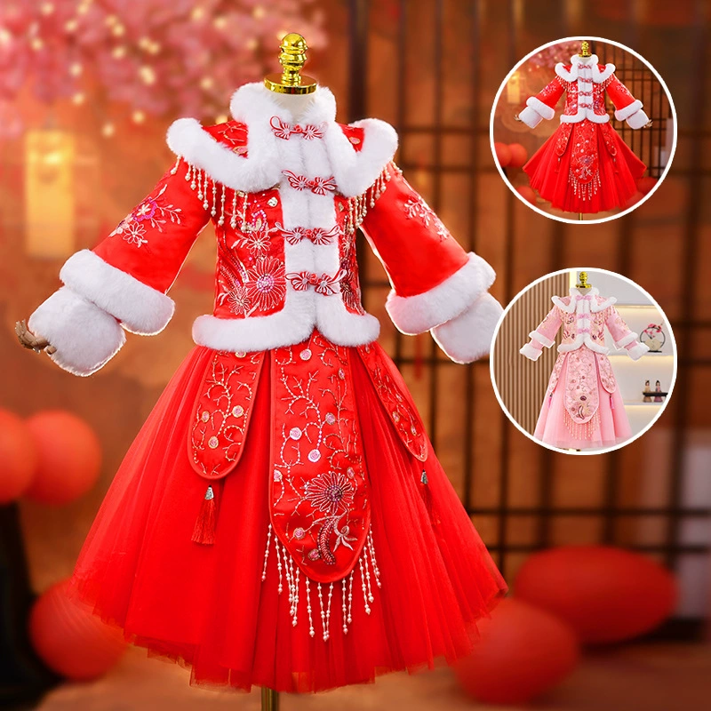 Новогодняя одежда для девочек Hanfu национальный стиль костюм зимний хлопковый костюм Tang новогодний костюм детский чонсам толстый костюм юбка