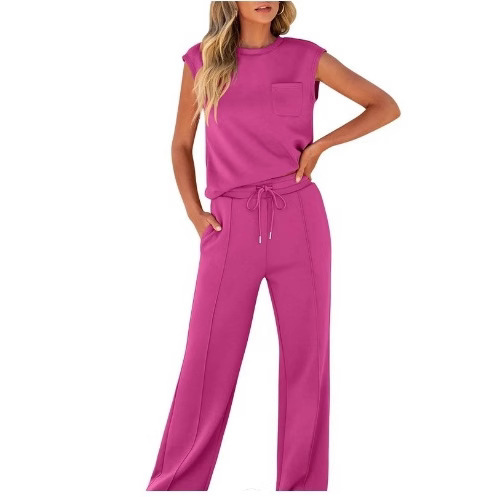 Amazon European and American Cross-Border Women's Casual Suit Solid Color New Sleeveless Top High Waist Wide Leg Pants Women's Two-Piece Set