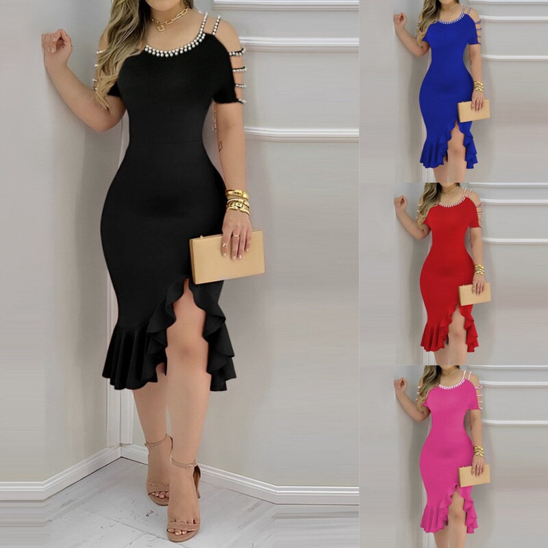 2024 Independent Station wish Amazon Explosions Summer Tight Ruffled Split Pearl Decorated dress Women