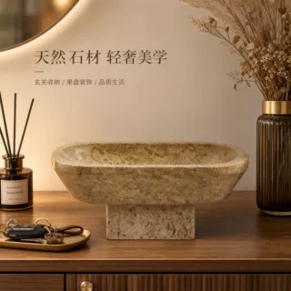 巴基斯坦摆件 侘寂风棕黄化石纹椭圆高脚收纳盆入户桌面器皿