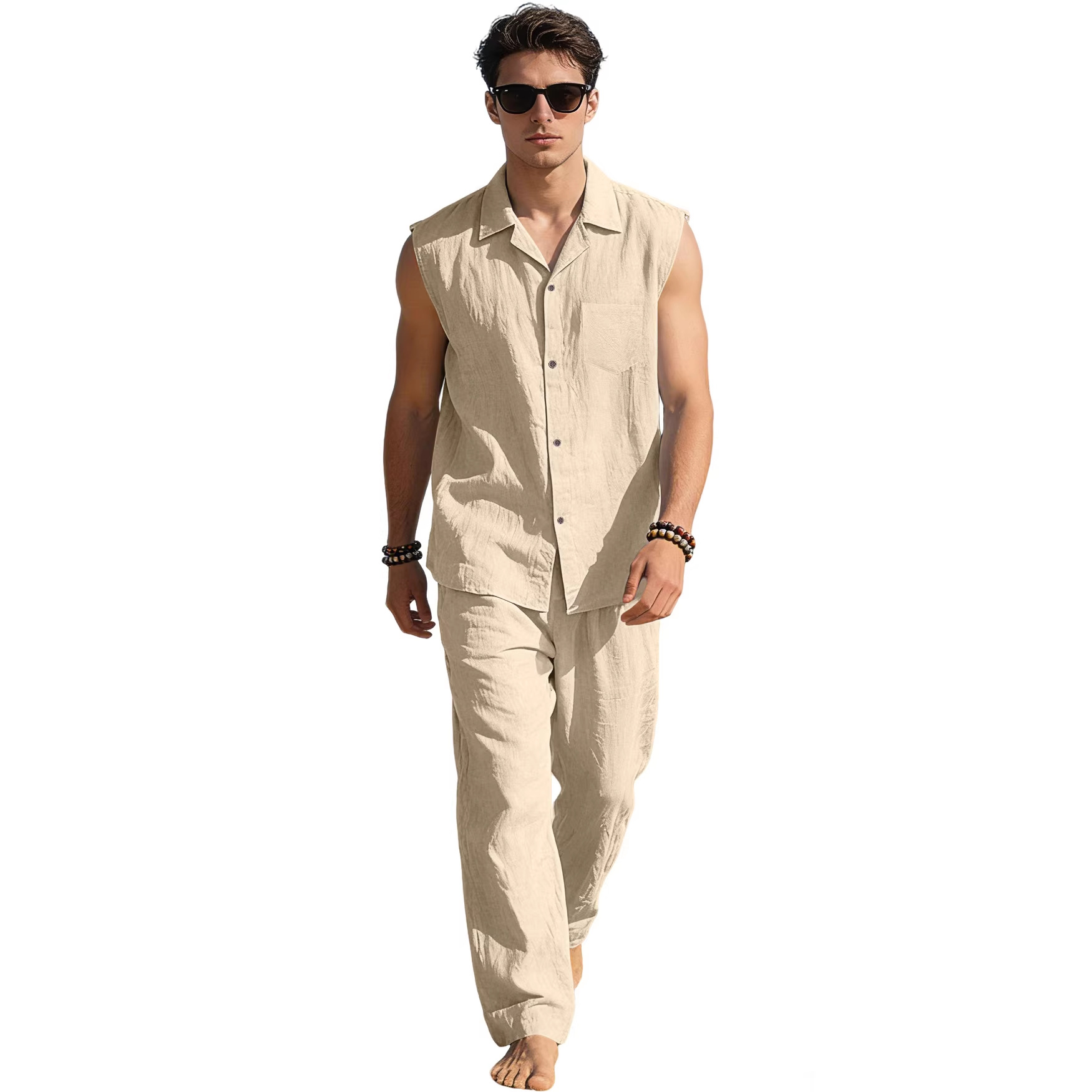 Europa y América transfronterizos de verano hombre camisa delgada sin mangas con solapa deportiva casual lino camisa de color sólido pantalón conjunto