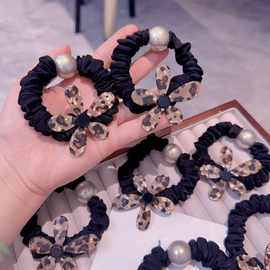 韩版新款珍珠豹纹花朵面膜冰丝发圈时尚简约气质高马尾发绳发饰