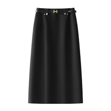 黑色后开叉毛呢半身裙女秋冬季2025新款厚款高腰中长款直筒包臀裙