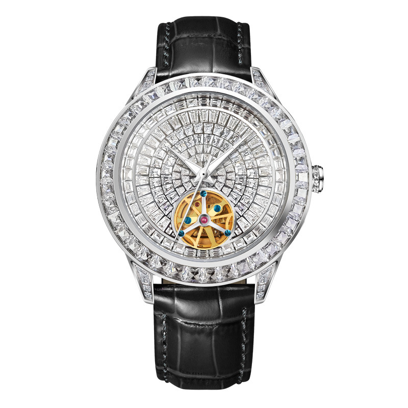 Đồng hồ nam Automatic đính đá full kim cương, mặt số phát quang, dây da cao cấp 5037