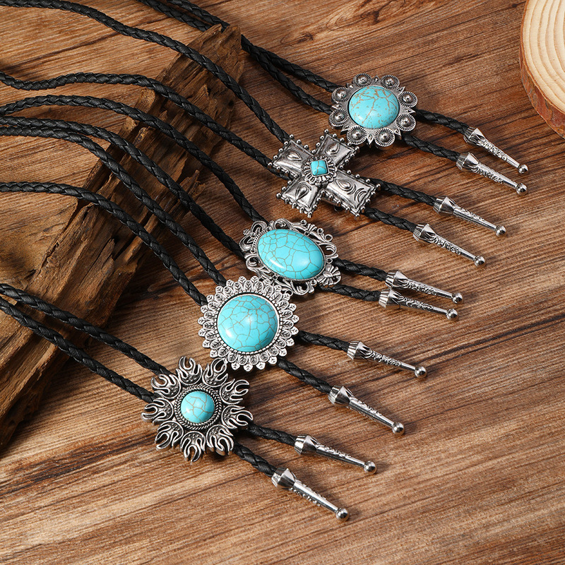 Simple New Bohemian Style Turquoise Pendant Polo Bow Tie Buckle Adjustable Long Necklace Tie