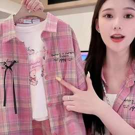 女童衬衫外套春秋款2025新款韩版宽松上衣格子衬衫上衣韩版百搭洋
