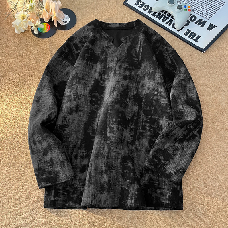 Corduroy Tie-dye V-neck Long-sleeve Men's T-shirt, Autumn Niche Design, Base Layer Shirt, American Retro Top_voghion.com